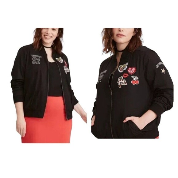 Torrid Whatever Jacket  Women's Size 1X  Black Bomber Style w Patches - Picture 1 of 10